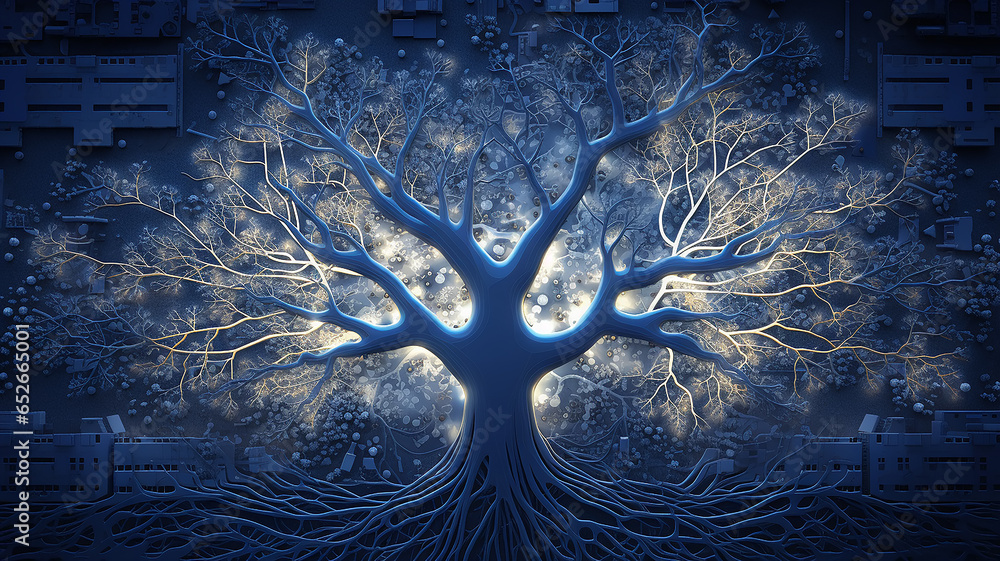 Poster background concept is artificial intelligence, a symbol of nature and growth, a tree of life and a b