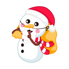 Cute snowman character in santa claus costume holding christmas bag with gift boxes in cartoon style