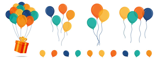 Ballons - Éléments vectoriels éditables colorés pour la fête et les célébrations diverses - Différentes compositions festives pour une fête d'enfant, un anniversaire ou un événement particulier  - obrazy, fototapety, plakaty
