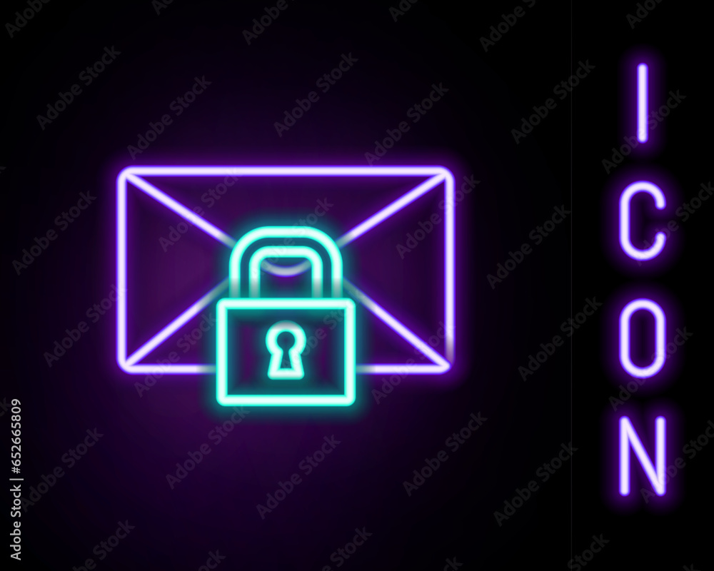 Poster glowing neon line mail message lock password icon isolated on black background. envelope with padloc