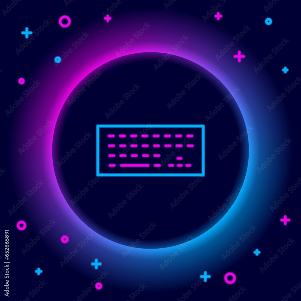 Poster glowing neon line computer keyboard icon isolated on black background. pc component sign. colorful o