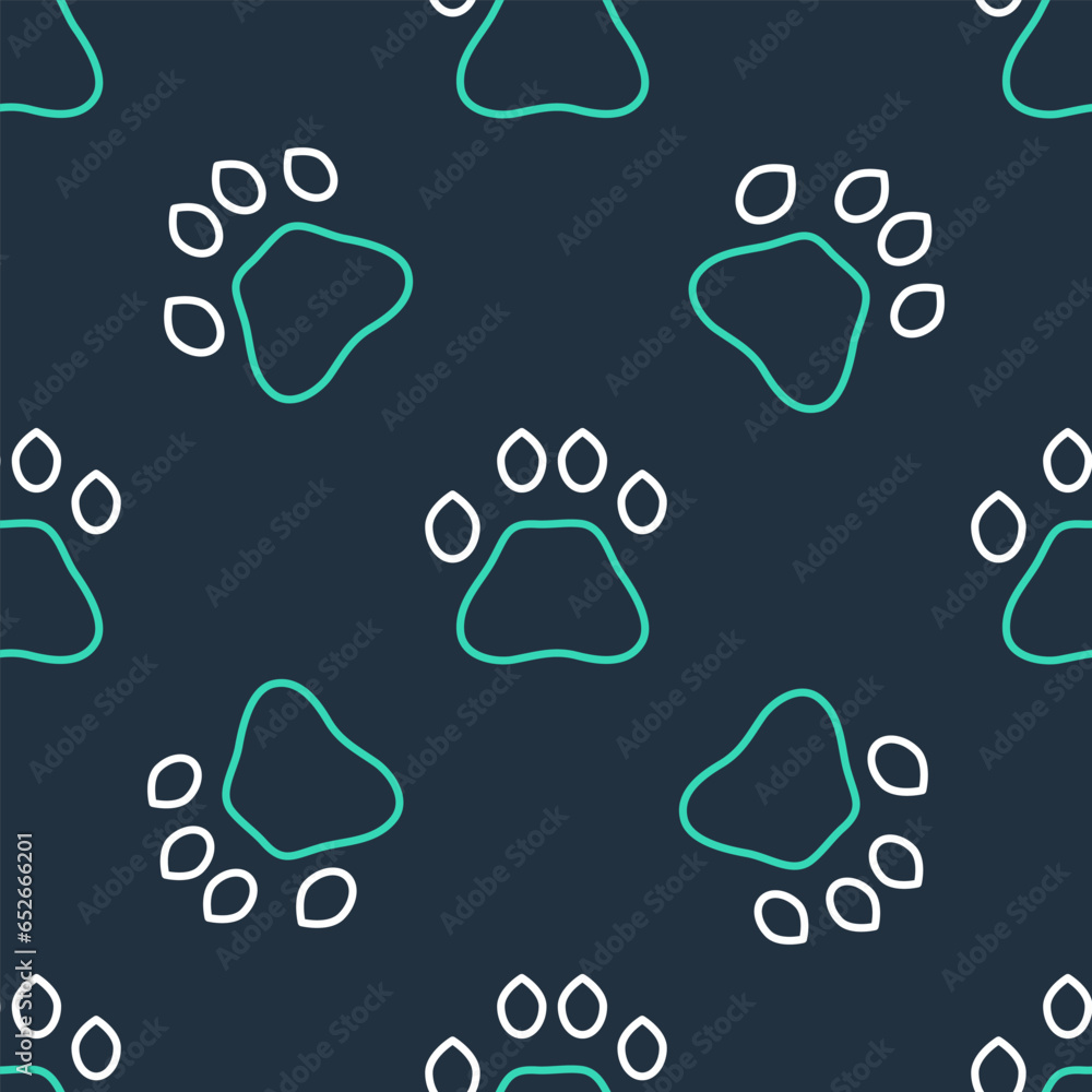 Poster line bear paw footprint icon isolated seamless pattern on black background. vector