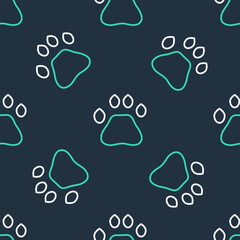 Line Bear paw footprint icon isolated seamless pattern on black background. Vector