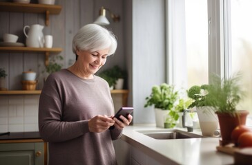 an elderly beautiful woman looks at her smartphone