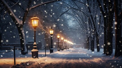 Snow fell under sparkling street lamps, enchanting the world
