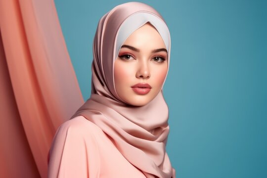 Beautiful Muslim woman wearing a hijab and while posing isolated on plain background