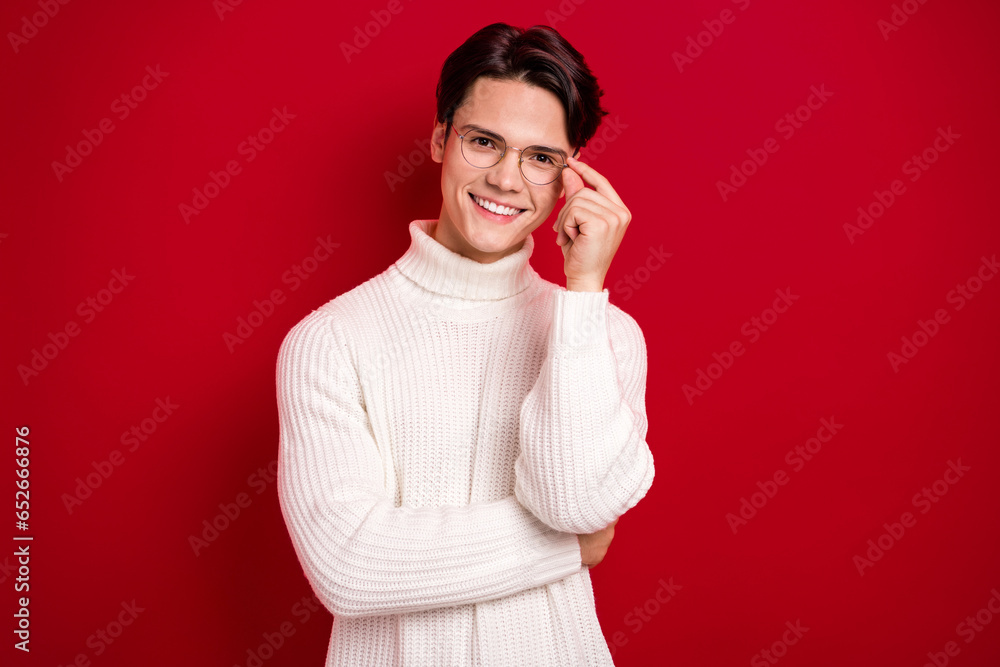 Canvas Prints photo of young optimistic handsome brunet hair guy wear white pullover touch his new spectacles inte