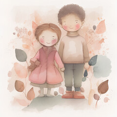 Watercolor two kids as brother and sister going out