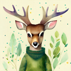 Watercolor horned deer wearing green sweater