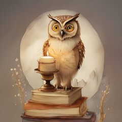 Watercolor wise owl on a stacks of books and candle