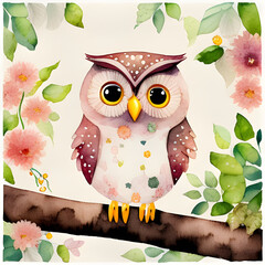 Watercolor owl sitting on a branch