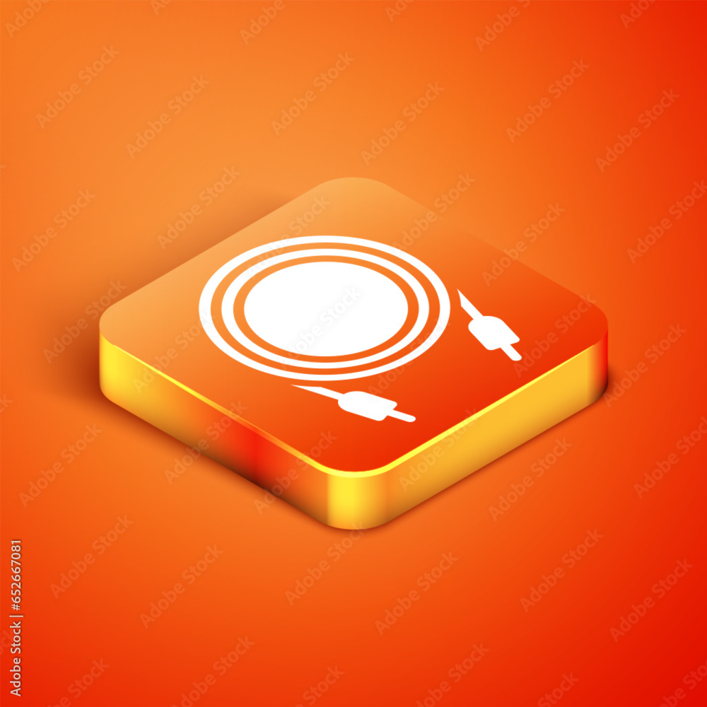 Sticker isometric audio jack icon isolated on orange background. audio cable for connection sound equipment.