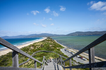 beautiful bruny island at the neck with pink clouds and the ocean below. in tasmania australia