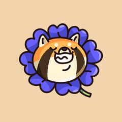 Obraz premium Grinning animal face. Cute fluffy dog smile in flower, funny puppy shiba, satisfied pup muzzle, lovely akita inu. Sticker with positive emotions and expression. Flat isolated vector illustration