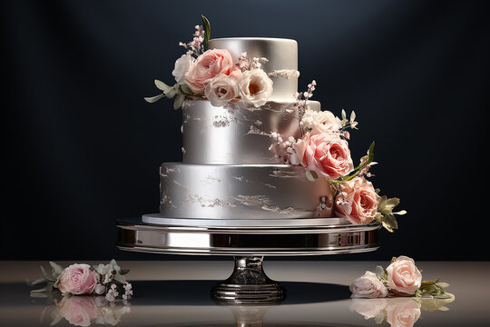 Generative AI Image of Wedding Anniversary Silver Cake with Beautiful Flowers Decoration on Dark Background