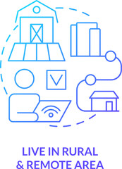 2D live in rural and remote area thin line gradient icon concept, isolated vector, blue illustration representing online therapy.