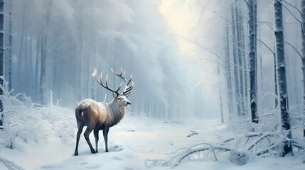 In silent forest, elk with grand antlers walks