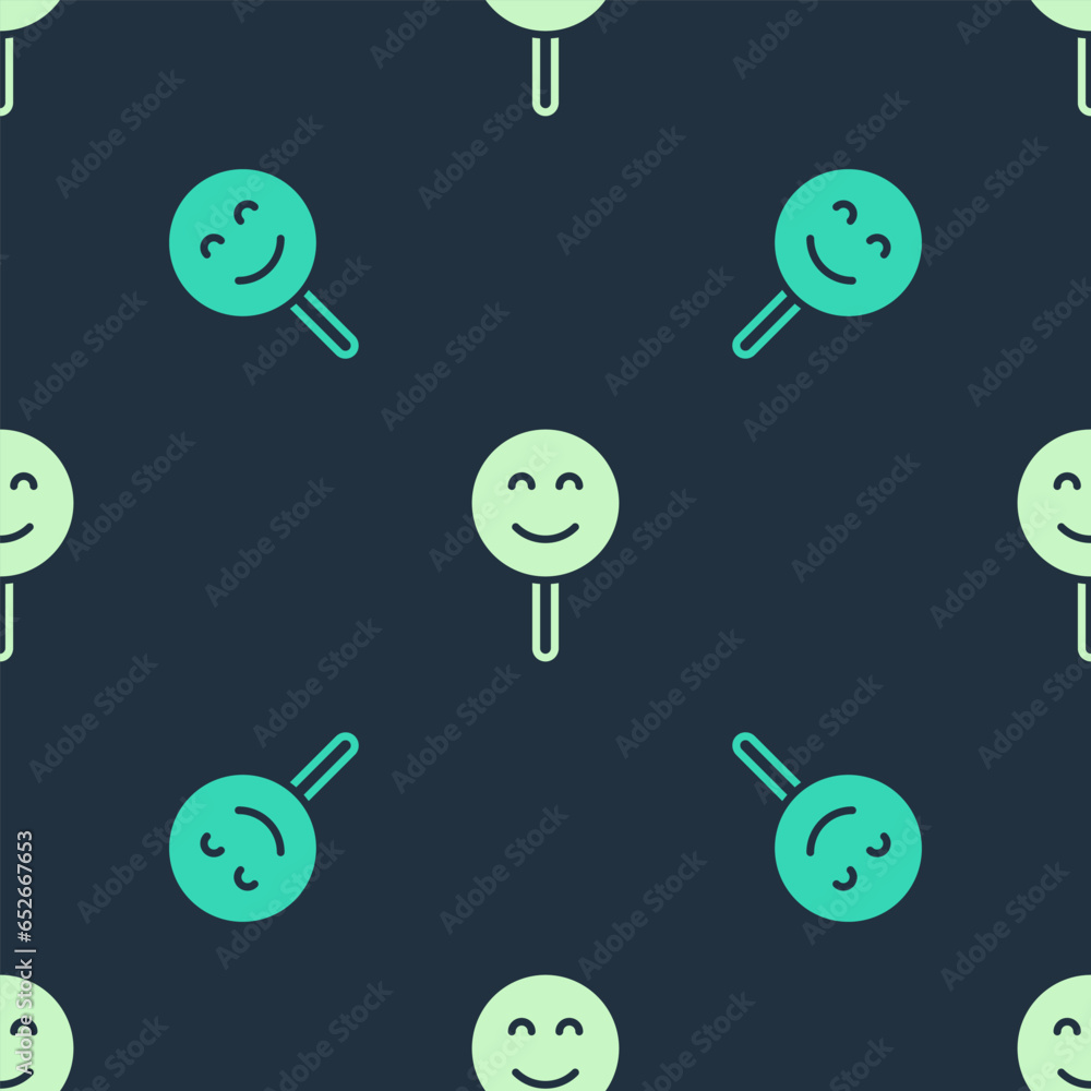 Poster Green and beige Smile face icon isolated seamless pattern on blue background. Smiling emoticon. Happy smiley chat symbol. Vector