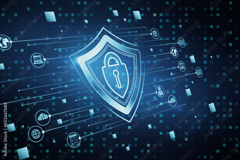 Aufkleber creative glowing padlock hologram on blurry backdrop with various icons. safety and security concept