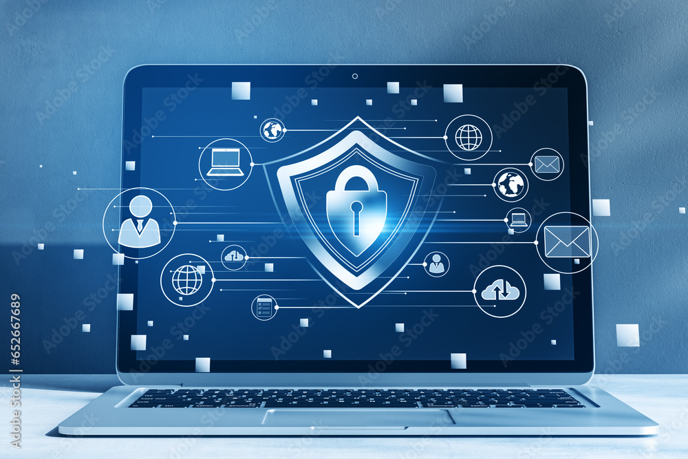 Poster close up of laptop with creative glowing padlock hologram on blurry background with various icons. s