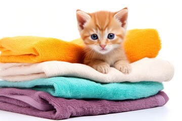 Cute little kitten with pile of towels isolated on white background, Cute ginger kitten on pile of colorful towels, isolated on white, AI Generated