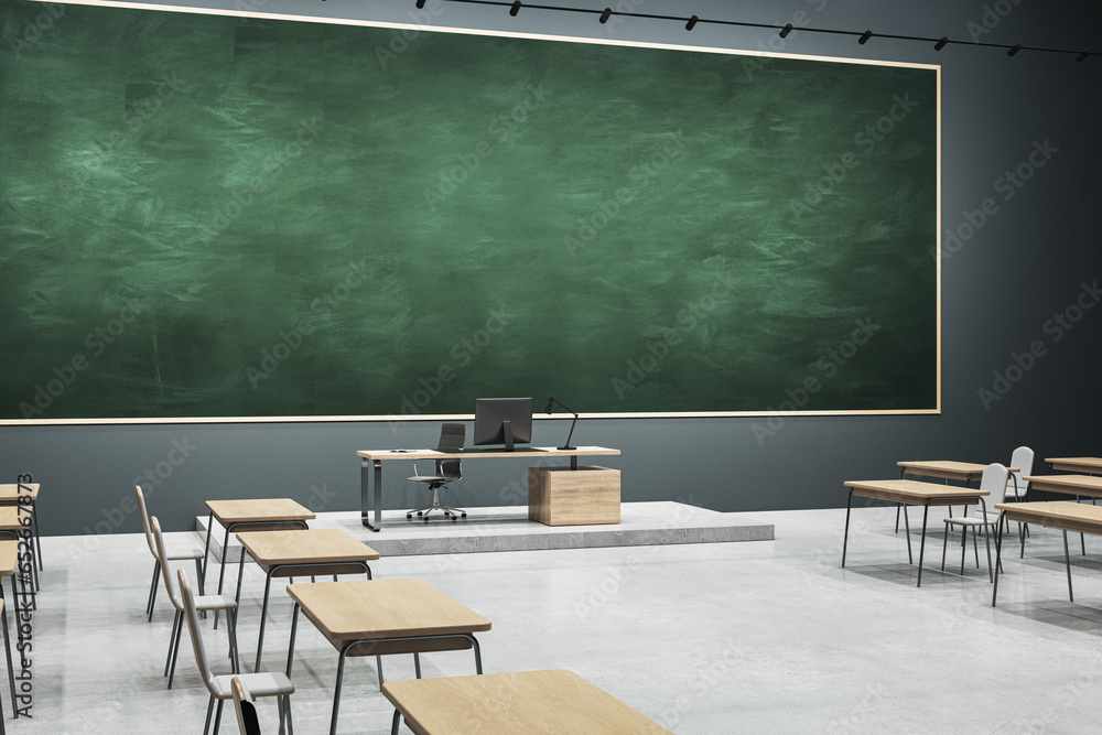 Poster new classroom interior with empty chalkboard and mock up place, furniture and equipment. education, 