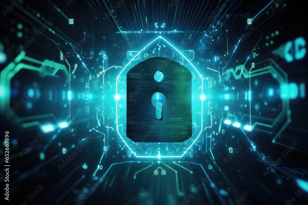 Poster cyber security concept with padlock on dark background 3d rendering, cyber security data protection 