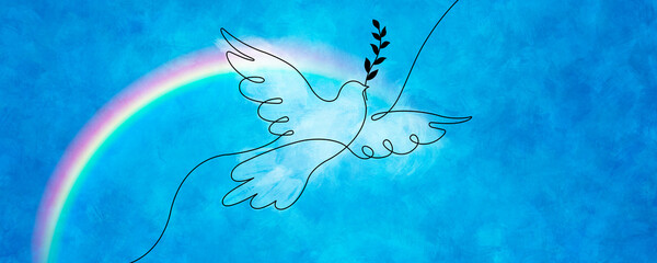 Blue Painted Watercolor Background Flying Dove Line Drawing With Rainbow Banner Design Peace Concept