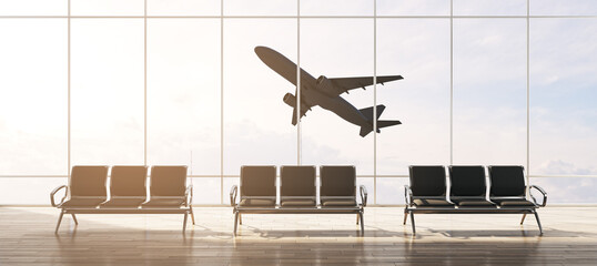 Modern airport interior with seats and flying airplane seen through panoramic window with city view and daylight. Take off, travel and transportation concept. 3D Rendering.