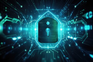 Fototapeta premium Cyber security concept with padlock on dark background 3D rendering, Cyber security data protection business technology privacy concept on virtual screen, AI Generated