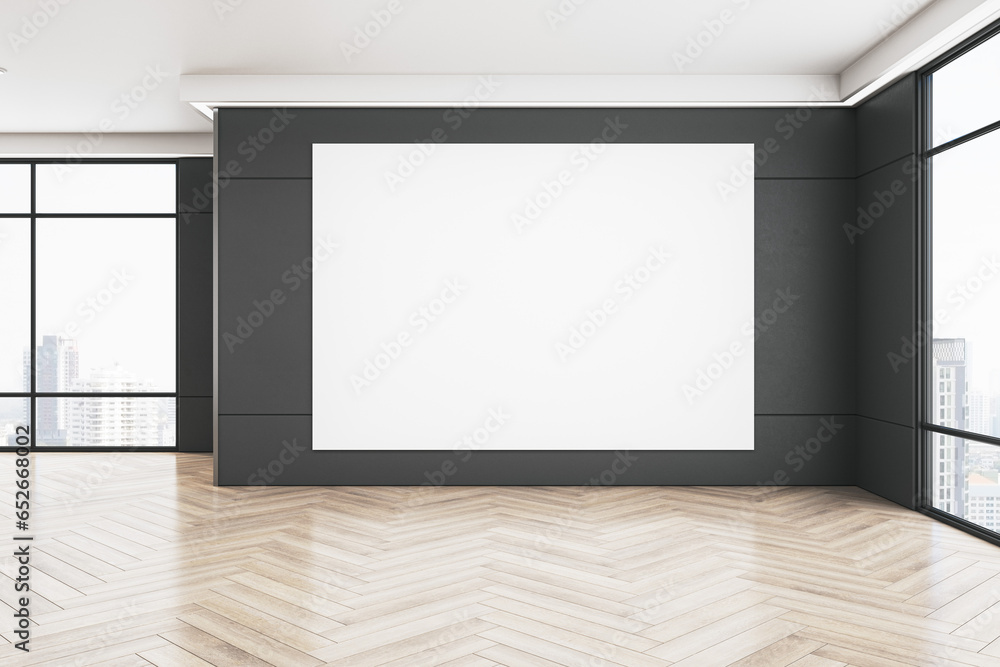 Poster modern gallery interior with empty white mock up banner on black wall, wooden flooring with reflecti