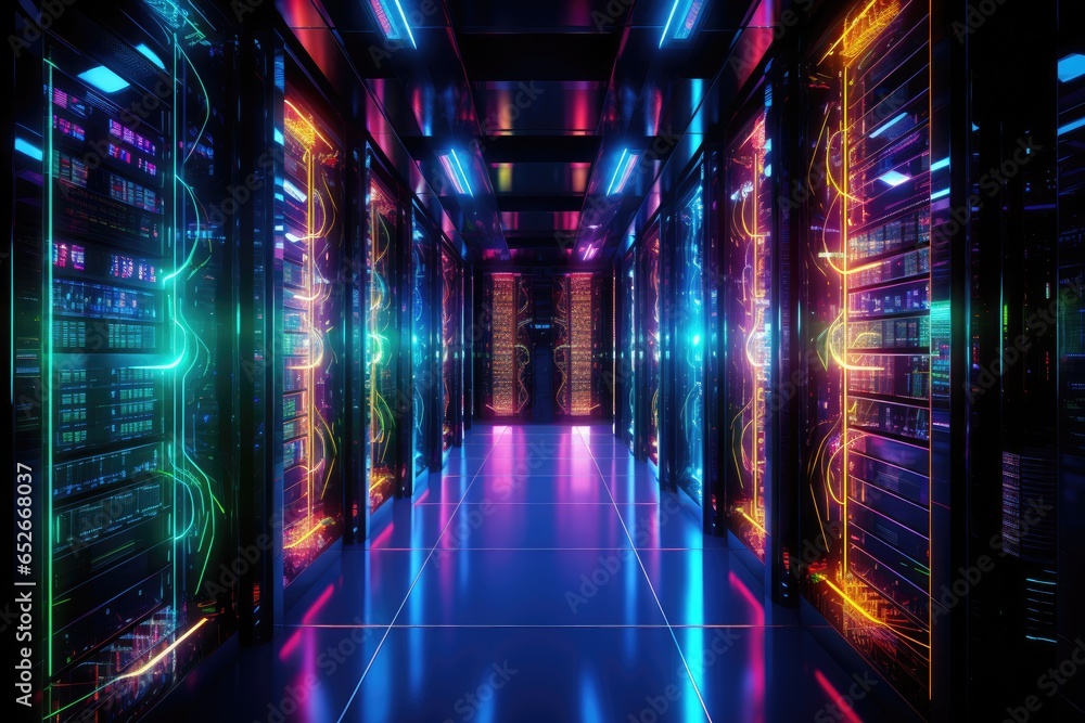 Poster futuristic server room interior with neon lights. 3d rendering, data center server room. network com