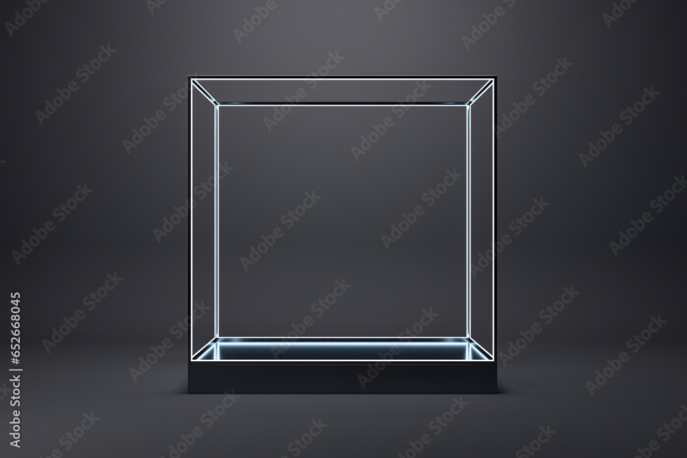 Poster creative empty glass showcase on dark black background. products presentation and purchase concept. 