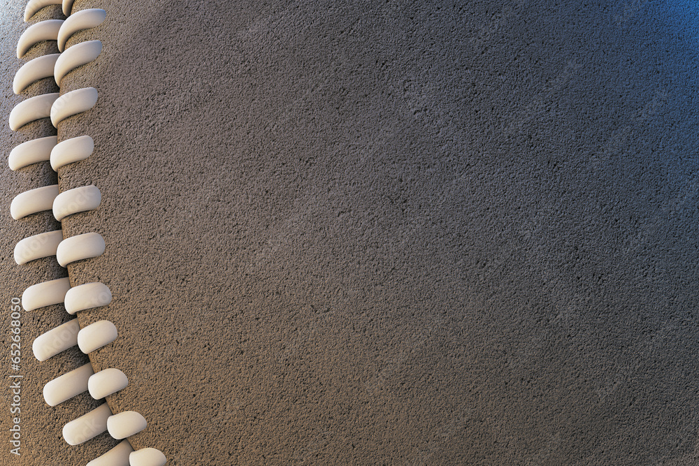 Poster close up of gray cricket ball texture with mock up place. ball with stitches backdrop. 3d rendering.