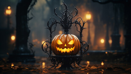 unusual mystical halloween art, pumpkin symbol and silhouette, fictional computer graphics horror autumn postcard