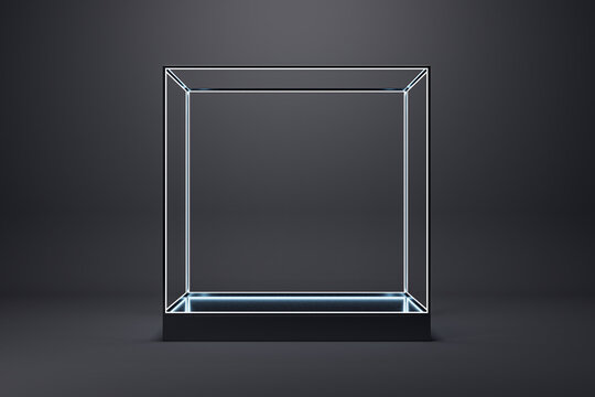Creative empty glass showcase on dark black background. Products presentation and purchase concept. Mock up, 3D Rendering.