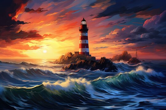 Lighthouse on the sea at sunset. Digital painting. Vector illustration, Digital painting of a lighthouse in the middle of the ocean at sunset, AI Generated