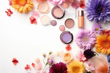 Cosmetics and flowers on white background, flat lay. Space for text, Different makeup cosmetics and flowers on white background. Female accessories, AI Generated