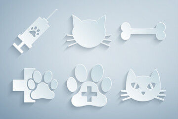 Set Veterinary clinic, Dog bone, , Cat, and Syringe with pet vaccine icon. Vector - obrazy, fototapety, plakaty