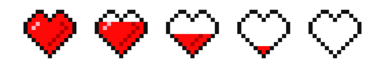 Set of Pixel red hearts game life bar. Gaming controller, symbols set Video games isolated on white background.