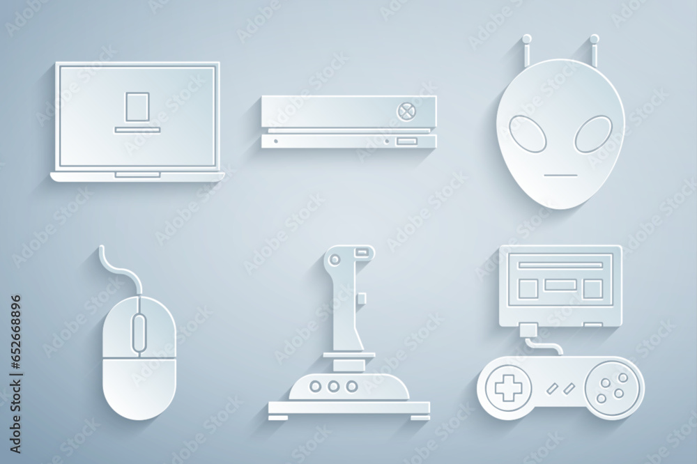 Poster set joystick for arcade machine, alien, computer mouse, game console with joystick, video game and l