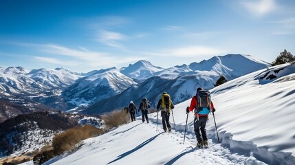 Fototapeta na wymiar On challenging ski trails, skiers conquer snowy mountains
