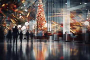 An abstract blurred office interior background at the reception center, transformed into a winter wonderland with Christmas decorations and a towering holiday tree. 