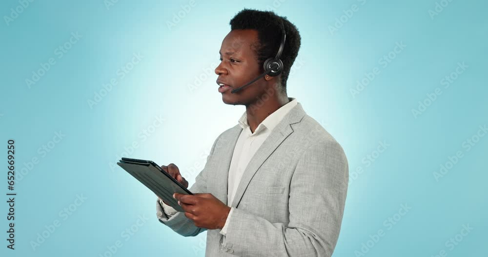 Poster Black man, business telemarketing and tablet with web help and conversation for call center. Studio, blue background and crm communication with customer support and advice with consultant working