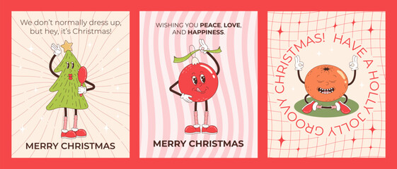 Set of retro cartoon Christmas greeting cards with text-Christmas tree, Christmas ball, tangerine. Merry Christmas poster set in trendy groovy hippie style.