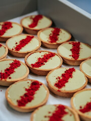 Mini-tarts with pistachio cream and dry berries close-up. Beautiful dessert