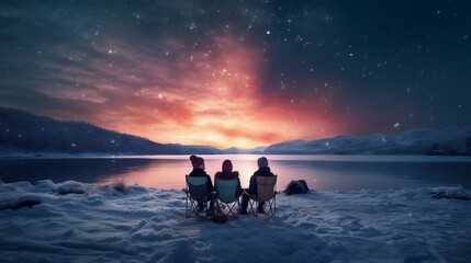 Man and friends enjoy serene, magical lakeside holiday