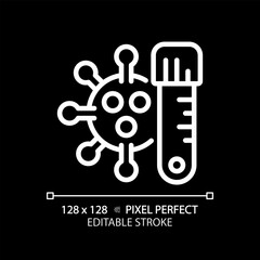 2D pixel perfect editable white virus with tube icon, isolated monochromatic vector, thin line illustration representing bacteria.