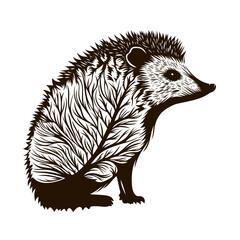 Igel im Herbst mit Baum und Herbstwald. Herbstliche Vektor Tier Zeichnung.