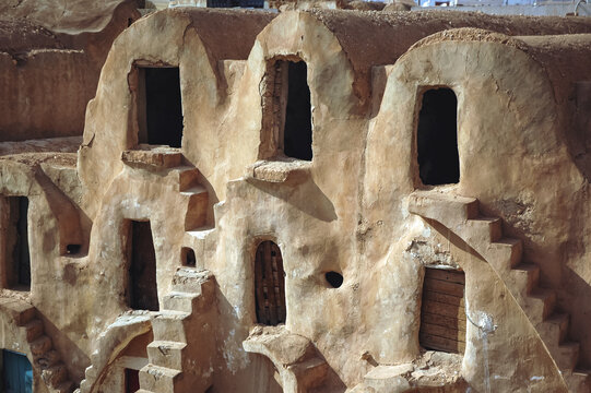 Ghorfas of Medenine. old granaries in historic fortified village called Ksar, Medenine city, Tunisia